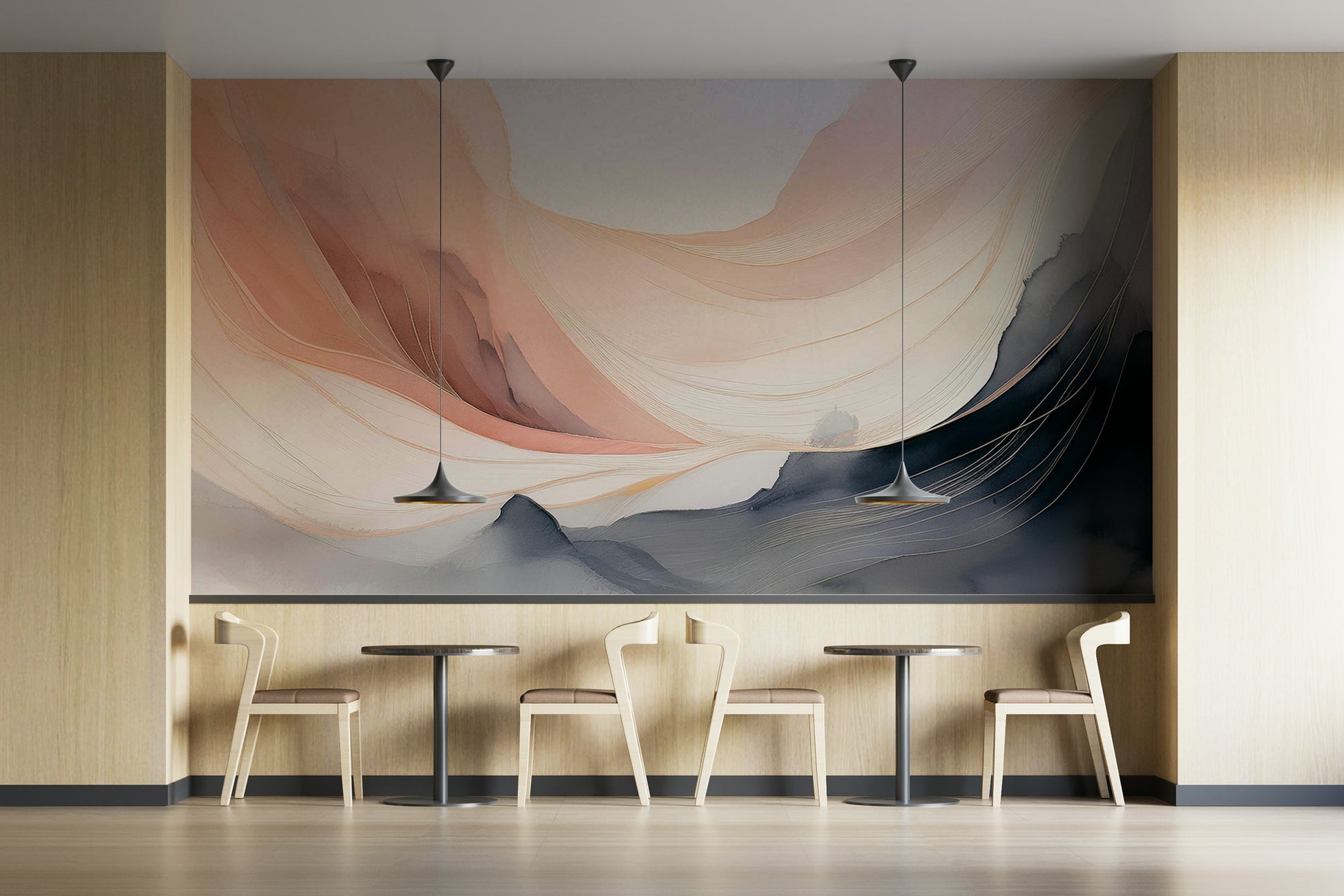 Contemporary home office featuring a calming watercolor wall decor.