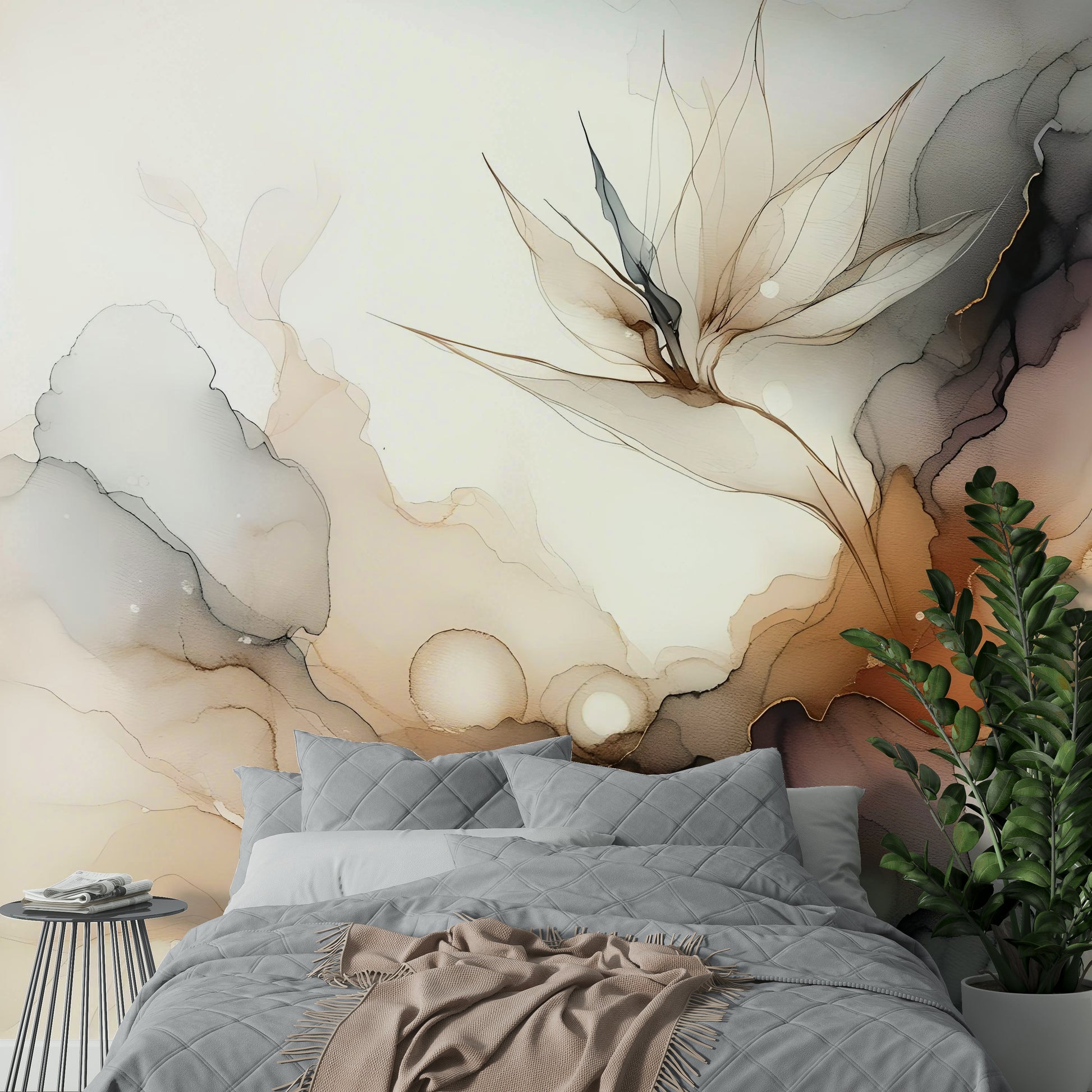 Durable wall mural for a bedroom in a contemporary flat.