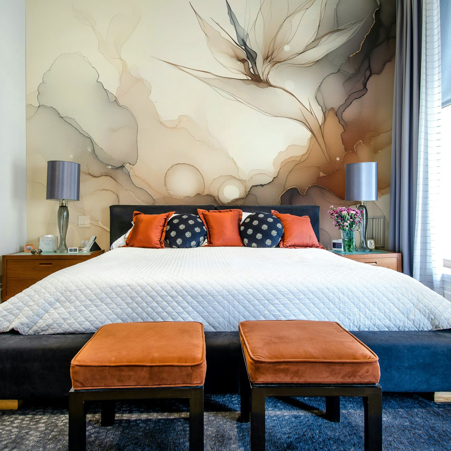 Home office with a balanced abstract wall mural backdrop.
