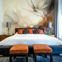Home office with a balanced abstract wall mural backdrop.