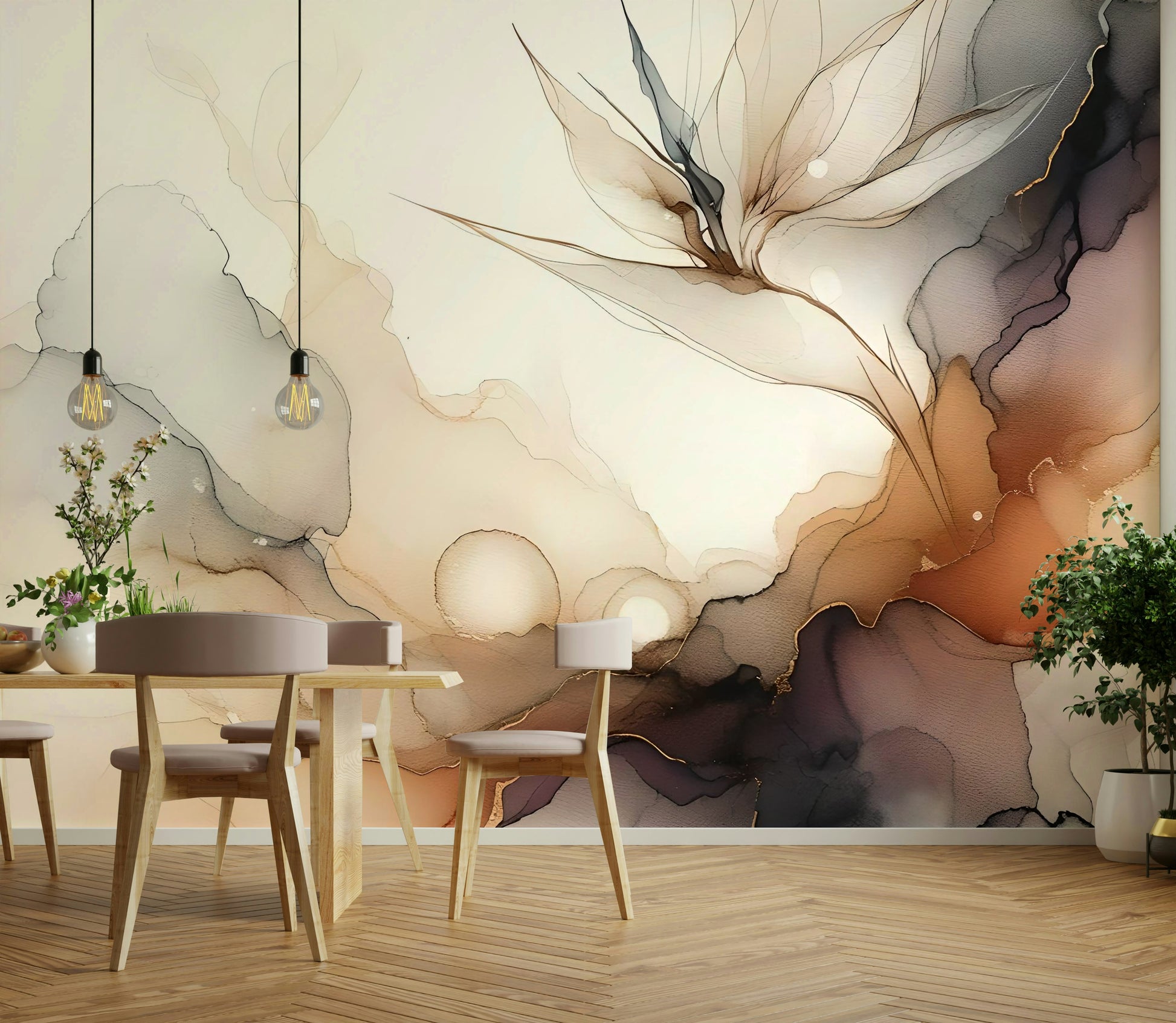 Sophisticated guest room decorated with an ink wash landscape.