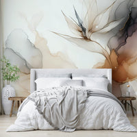 Modern kitchen area with a nature-inspired inkscape wall mural.