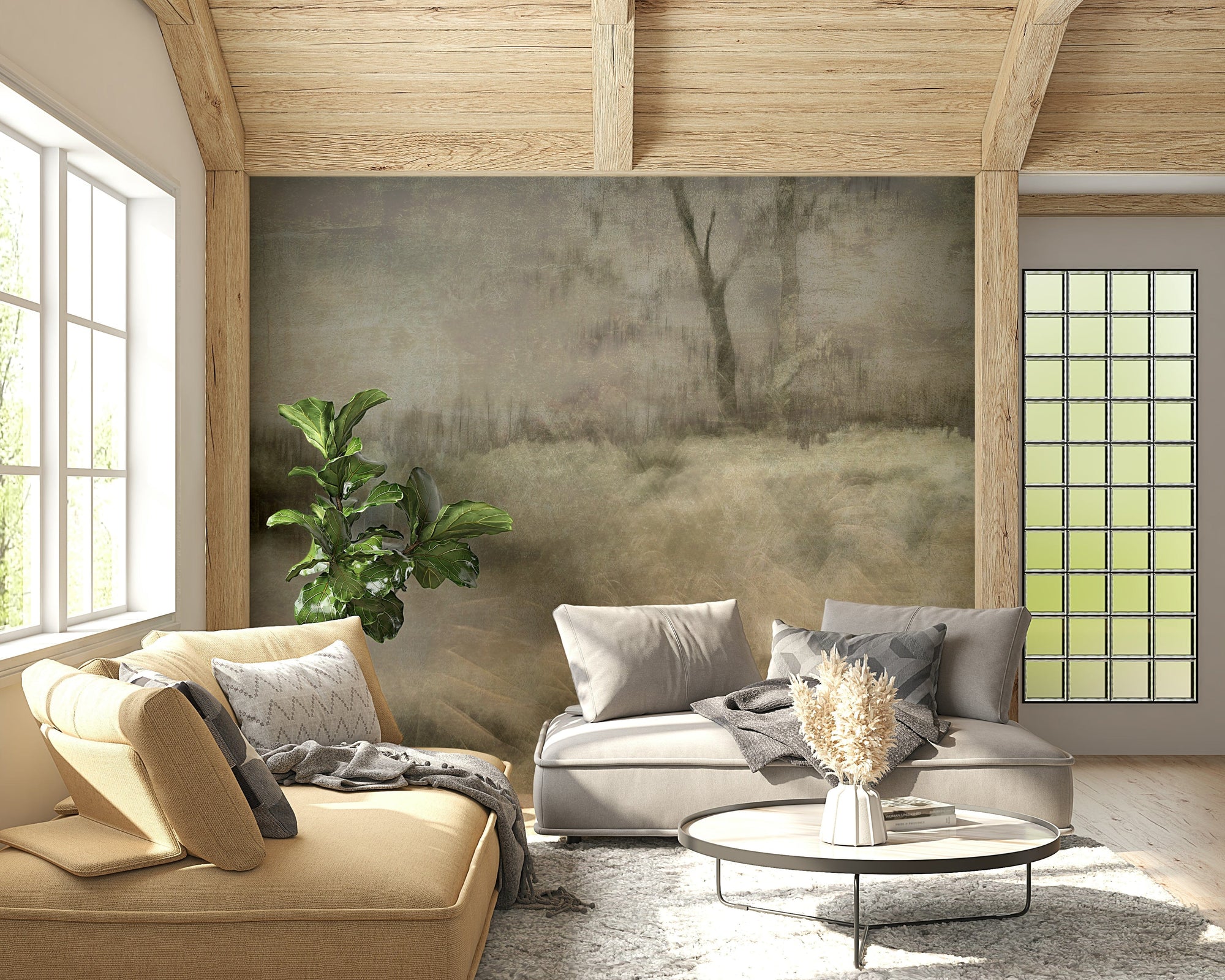 Ethereal Whispers wallpaper mural of a foggy bare tree on a meadow behind a yellow sofa and grey daybed