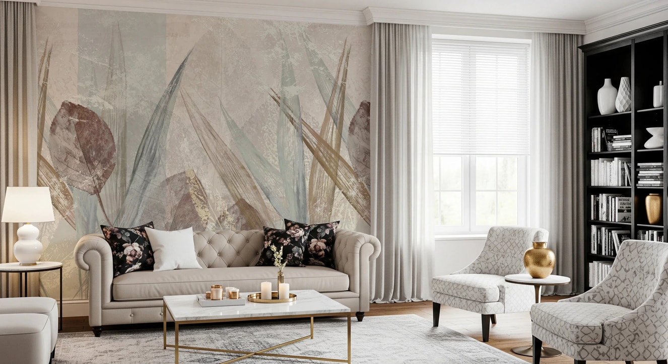 Ethereal Leaves Cream Wall Mural for living room with soft botanical shapes.