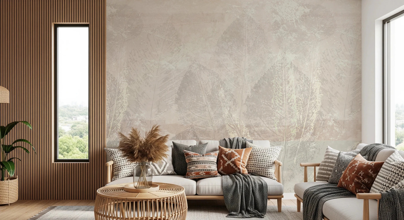 Cream and beige Ethereal Leaves Texture Cream Wall Mural for minimalist living room.