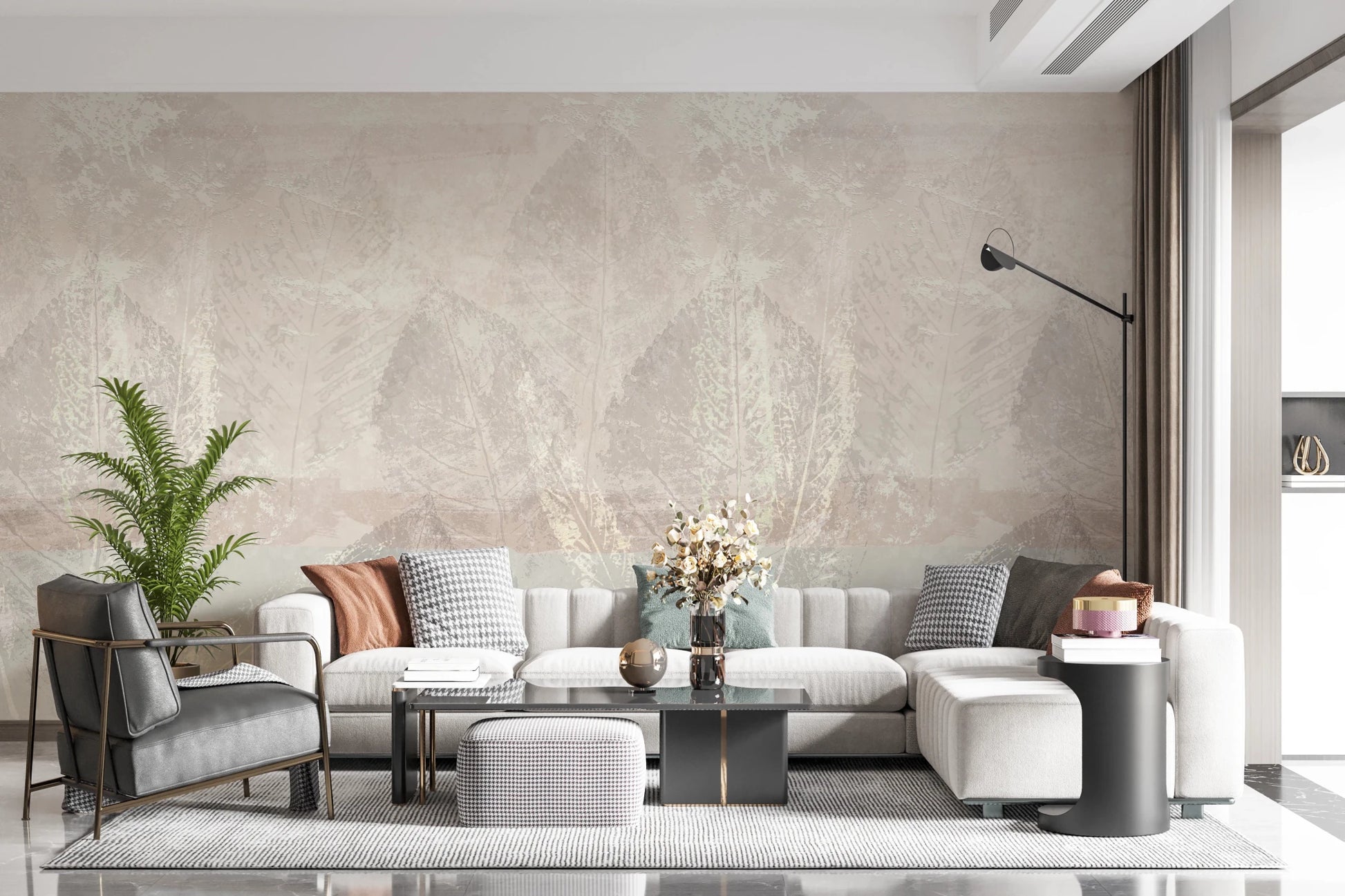 Ethereal Leaves Texture Cream Wall Mural with soft vintage leaf outlines