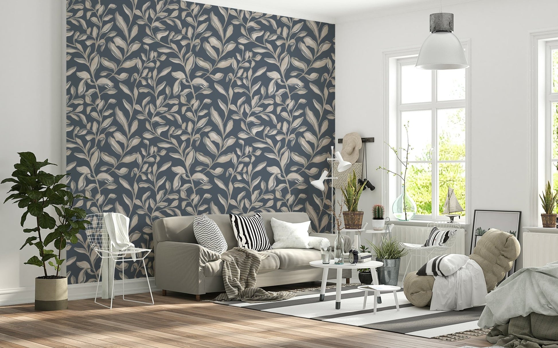 Ethereal Leaves botanical wallpaper mural in dusty navy tones.