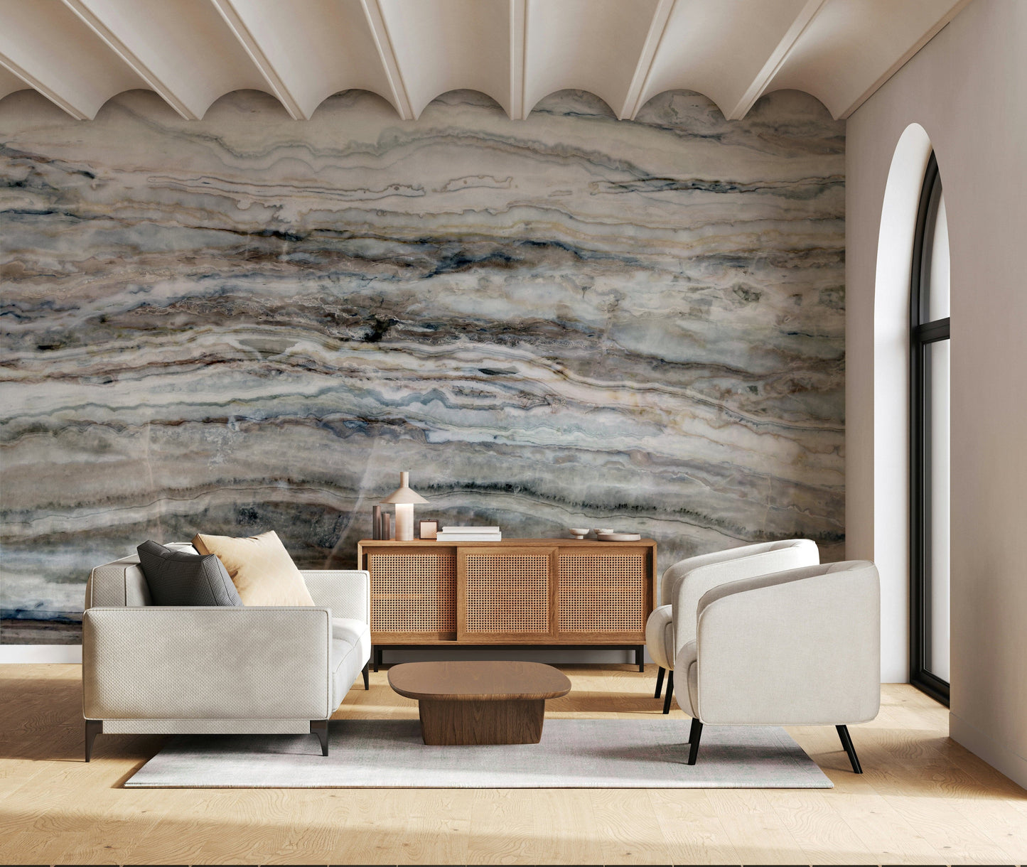 A beautiful modern art wall mural of delicate lines.