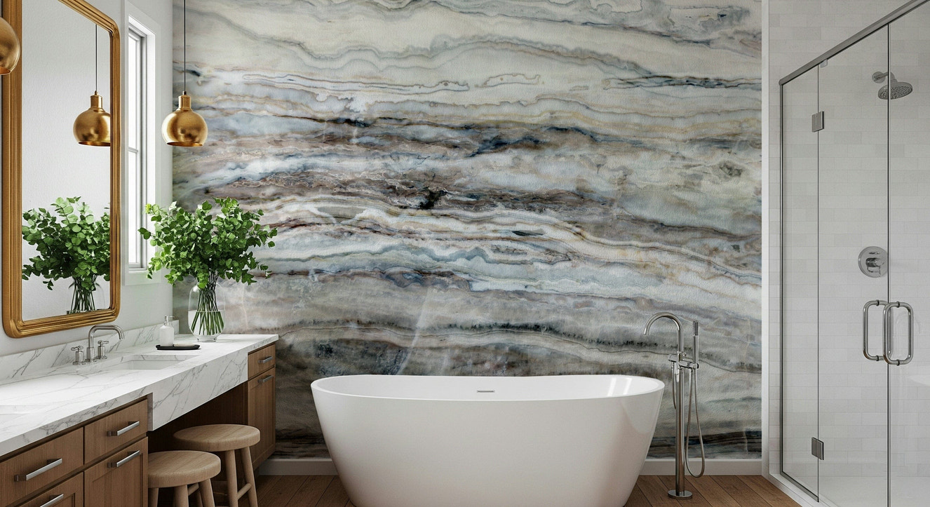 A peaceful modern abstract mural on decorative wallpaper.