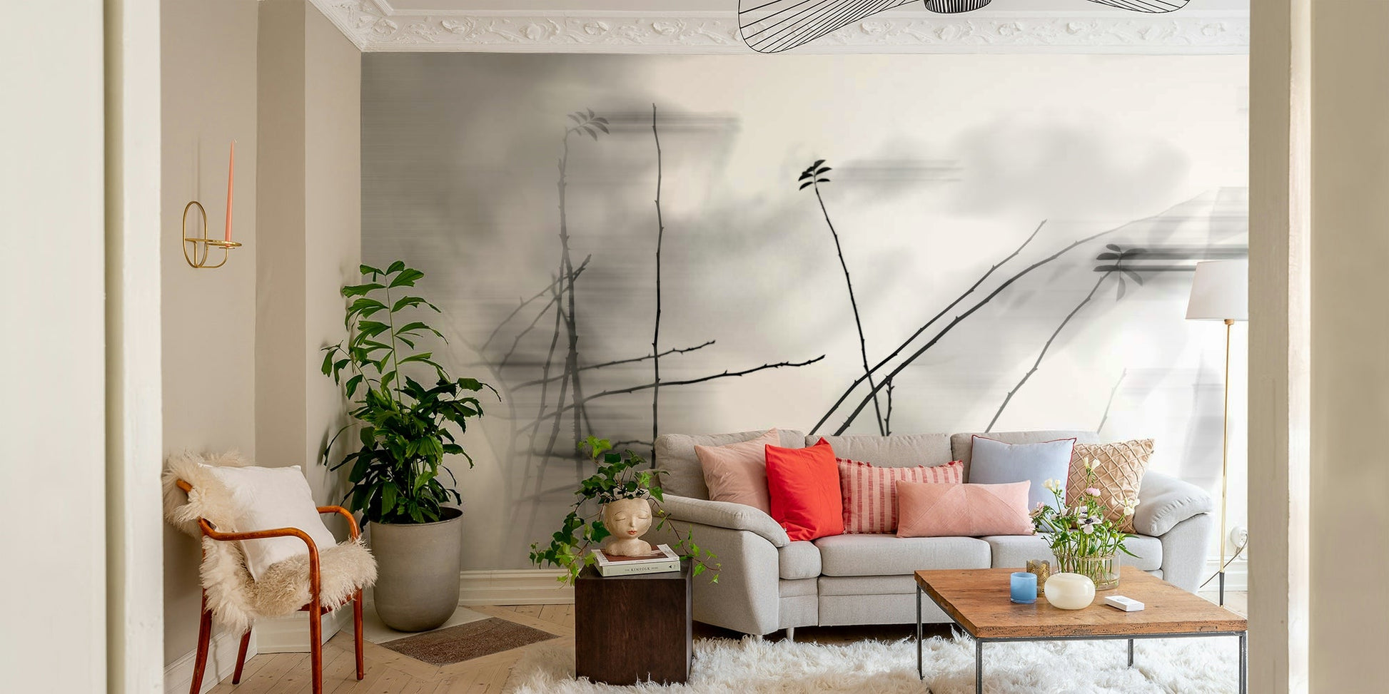 Delicate black and white branch design
