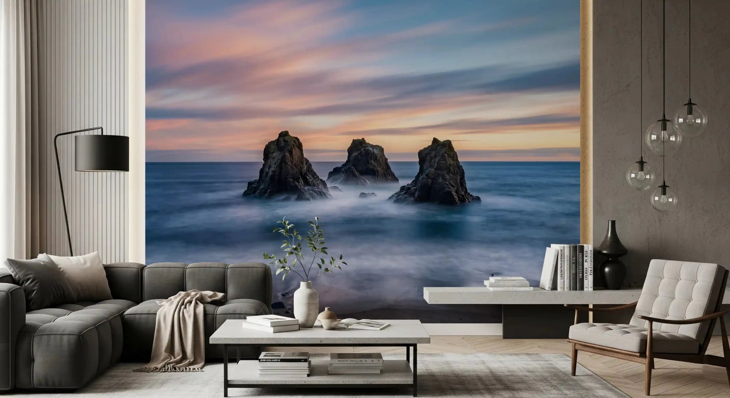 Sunset wall mural with coastal sea stacks, styled for a study room, in soft hues