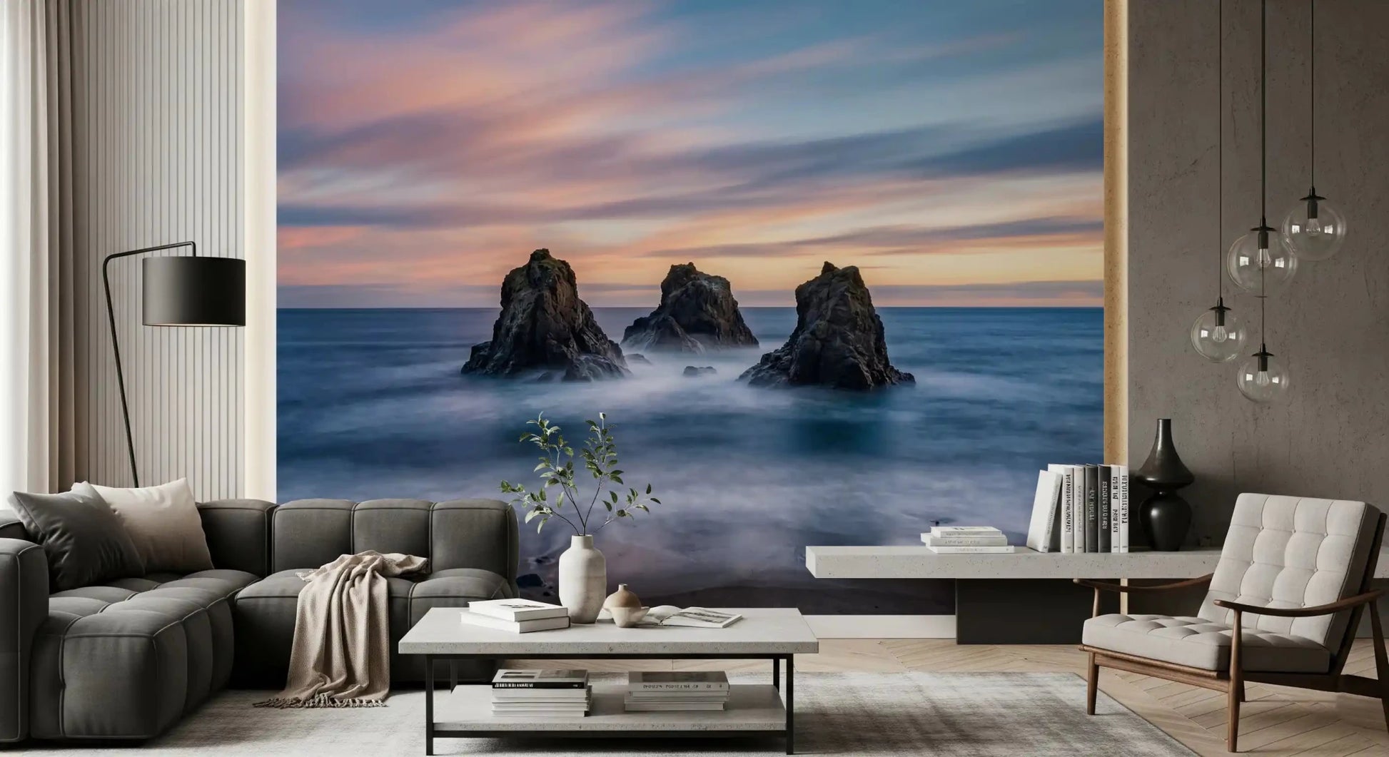 Sunset wall mural with coastal sea stacks, styled for a study room, in soft hues