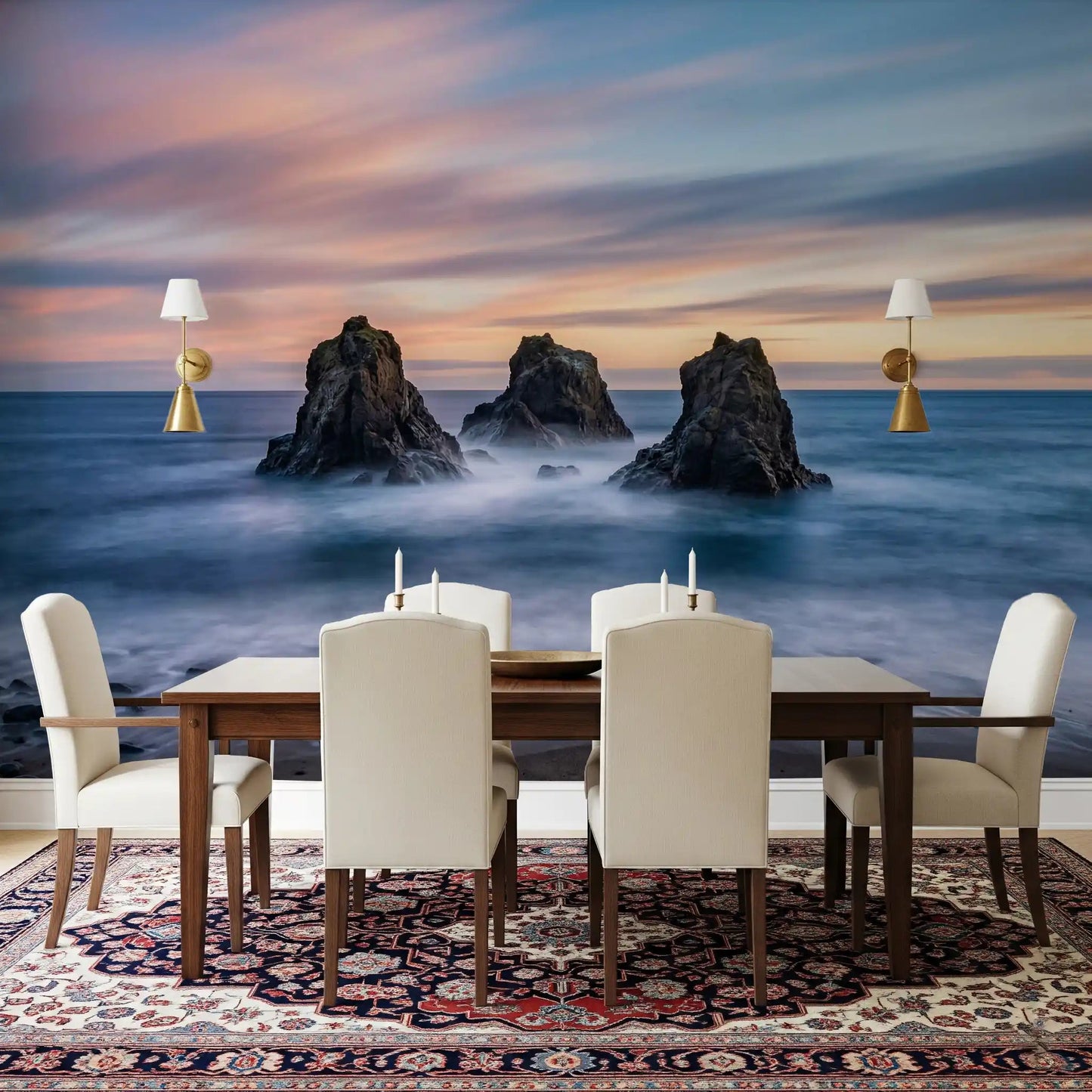Ethereal Ocean Rocks at Sunset wall mural with calm sea and rocky shore