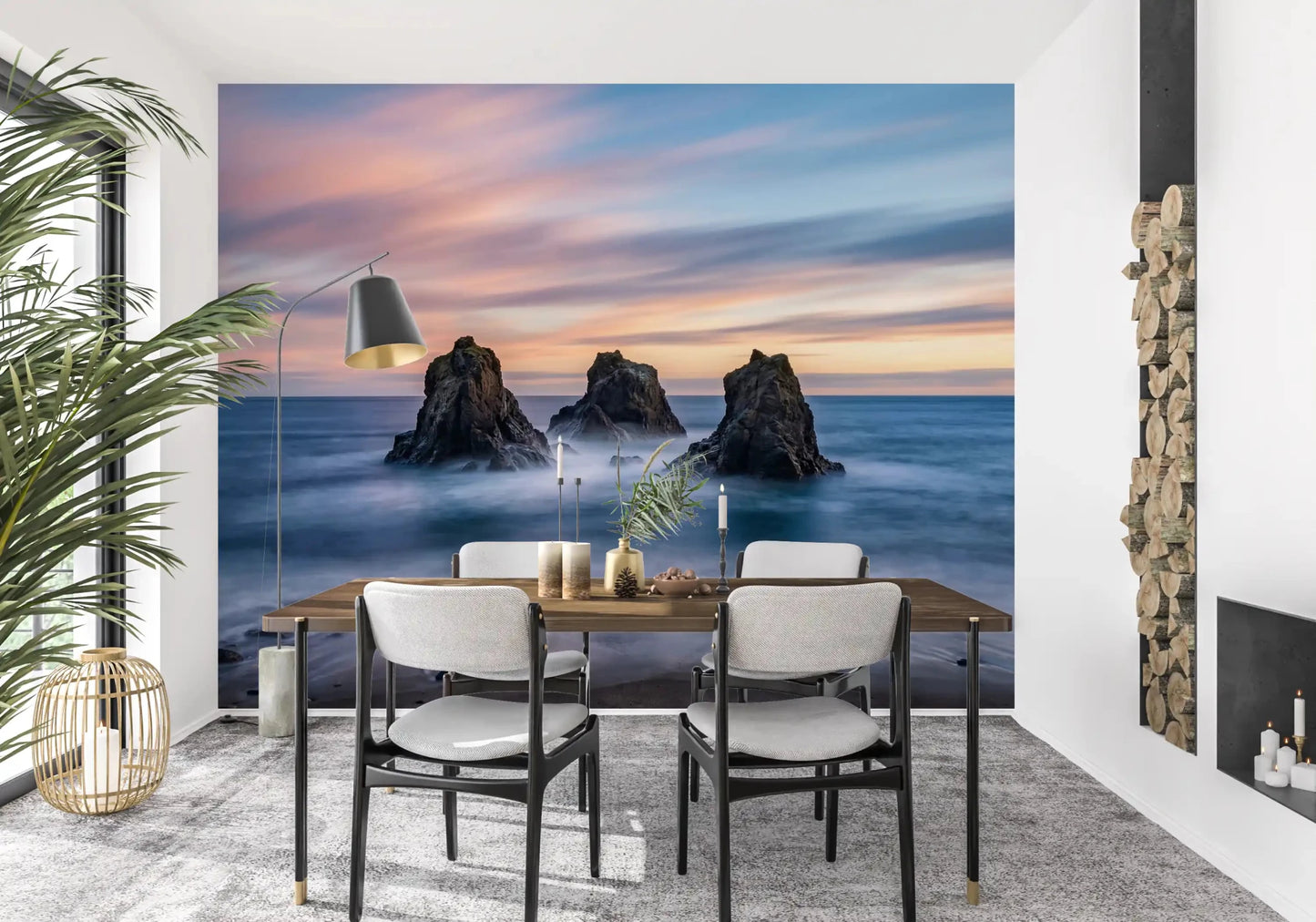 Coastal wall mural with ocean rocks, for a dining room, under a pastel sunset sky