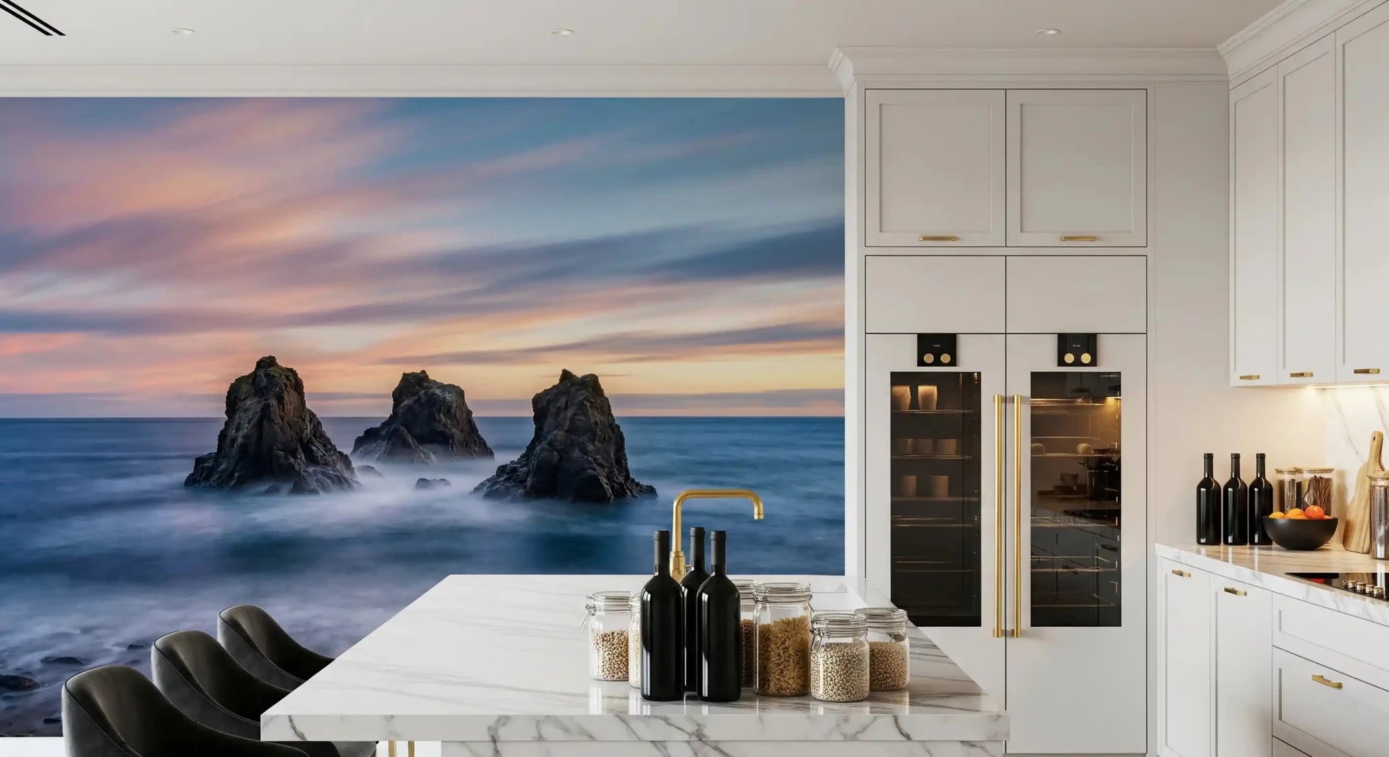 Nature ocean wall mural featuring dark rock formations and pastel horizon light
