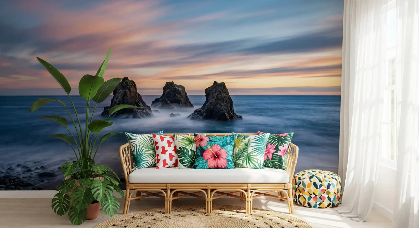 Sunset seascape wall mural in a hallway with soft ocean rock detail