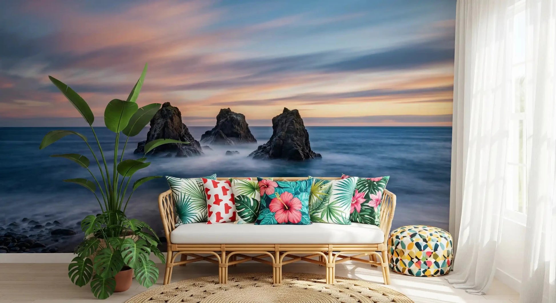 Sunset seascape wall mural in a hallway with soft ocean rock detail