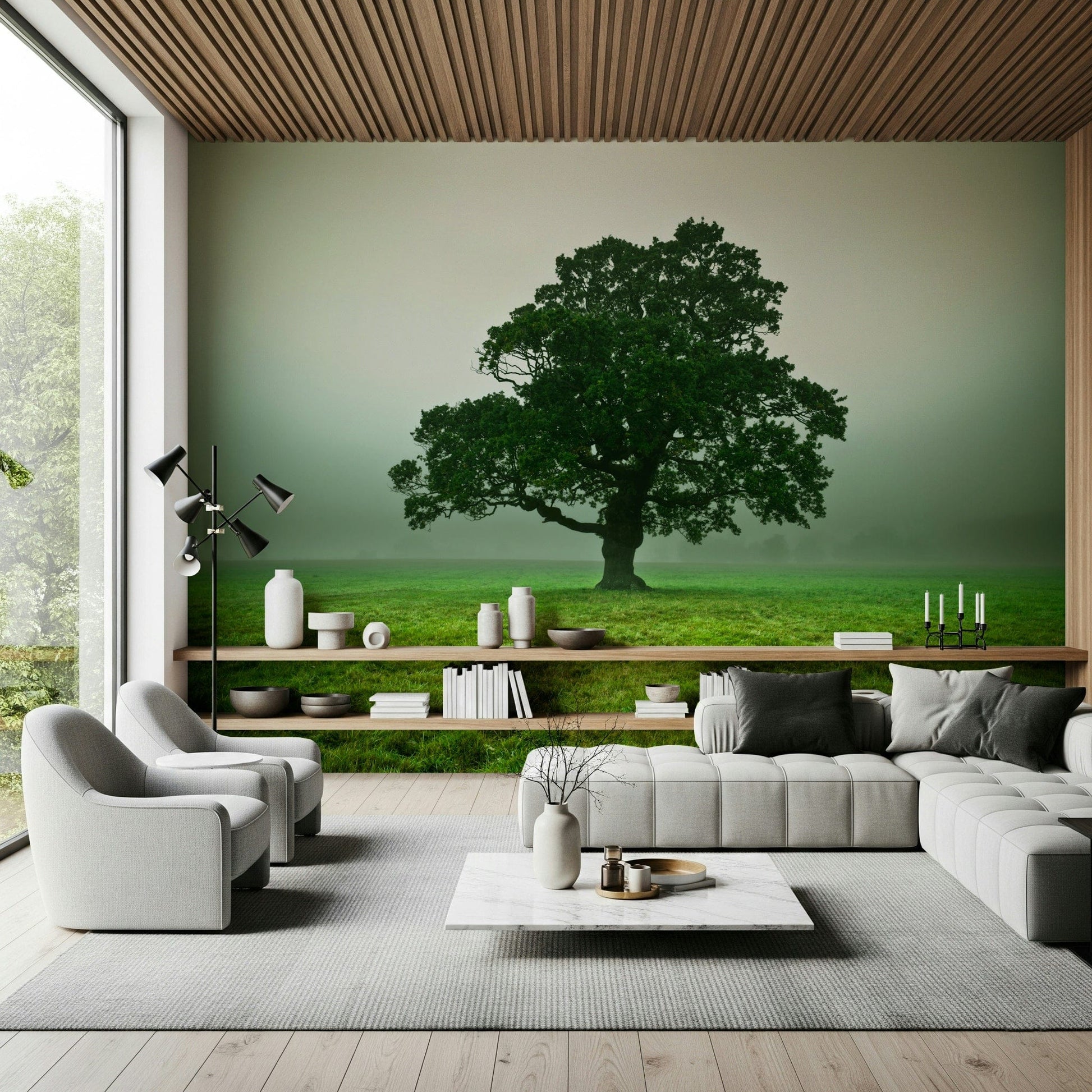 Atmospheric Ethereal Presence peel and stick wallpaper green fog.