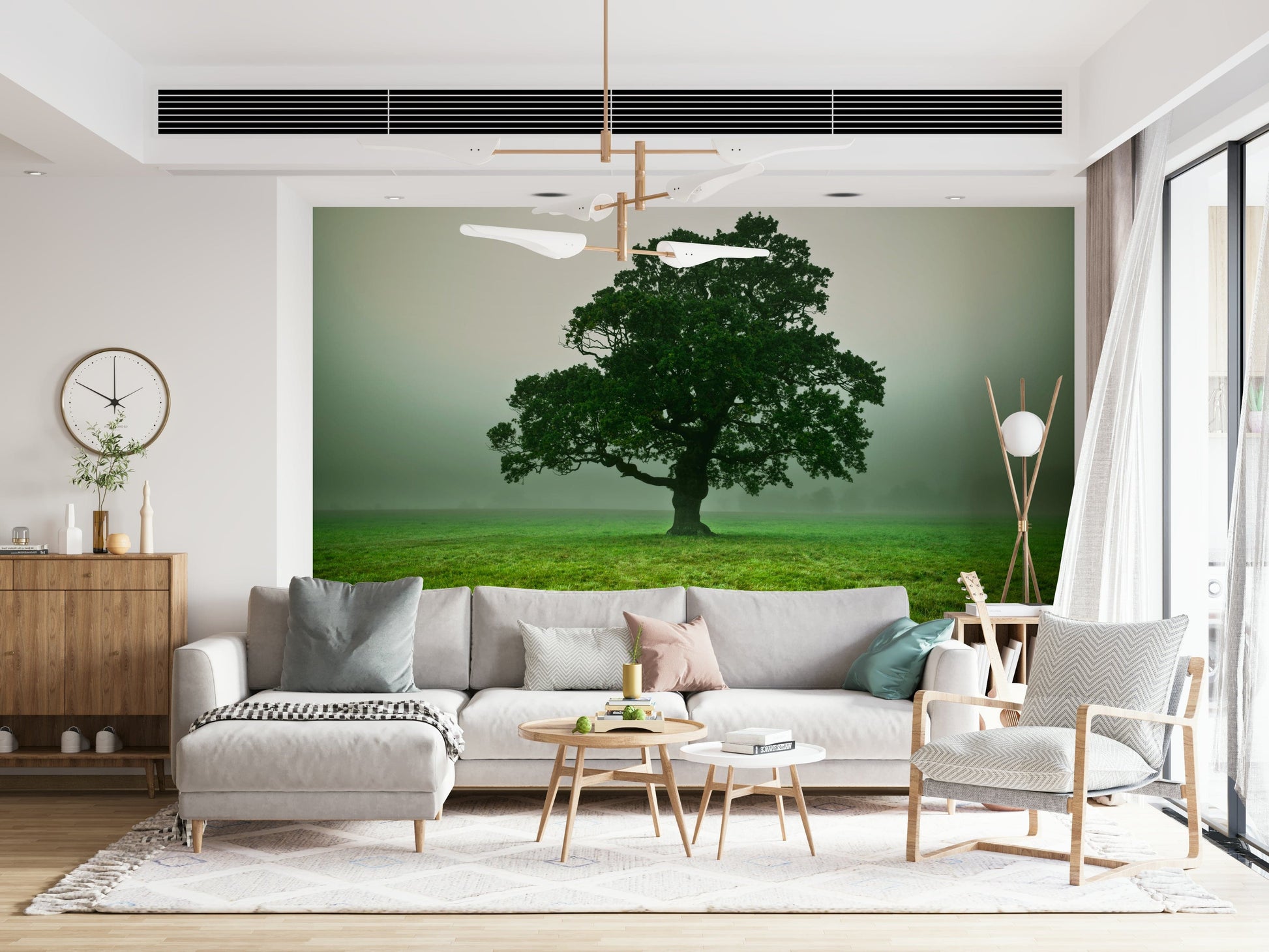 Single Ethereal Presence tree wall mural foggy landscape image.