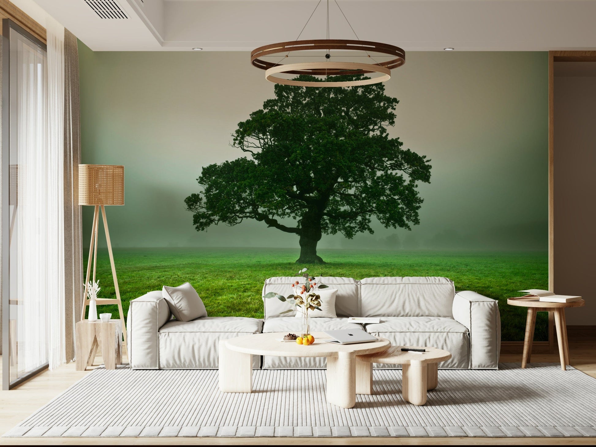 Ethereal Presence lone dark tree misty field wall covering.