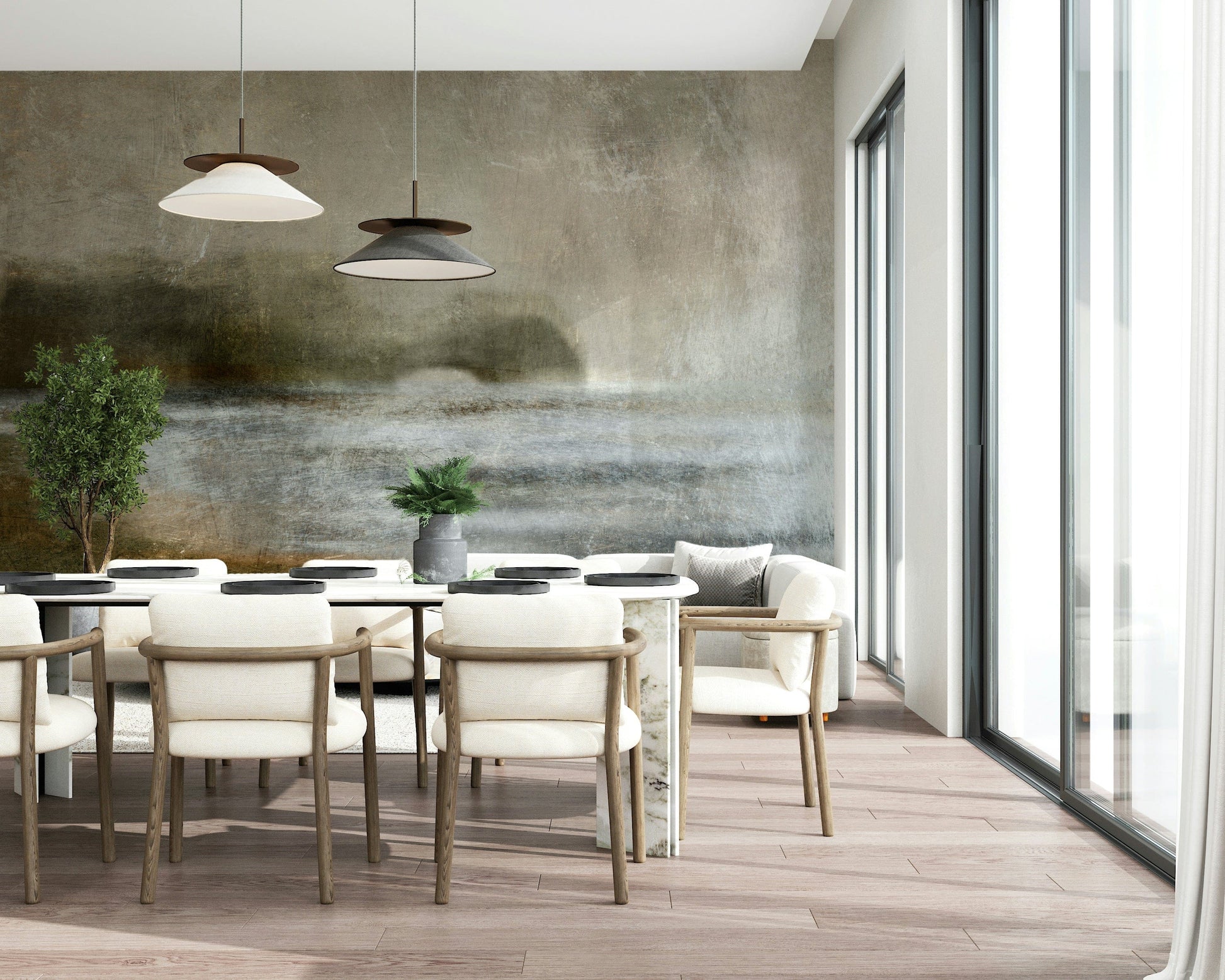 Ethereal Shoreline wallpaper mural behind a dining table and cream chairs with pendant lights by a glass wall
