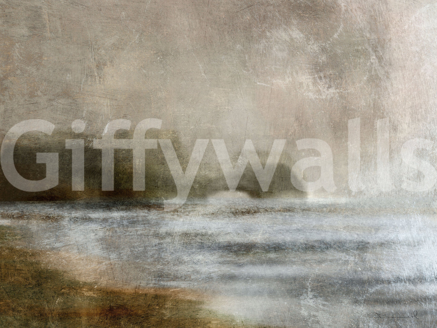 Ethereal Shoreline wallpaper mural close-up showing the misty taupe and grey-blue shoreline and water detail