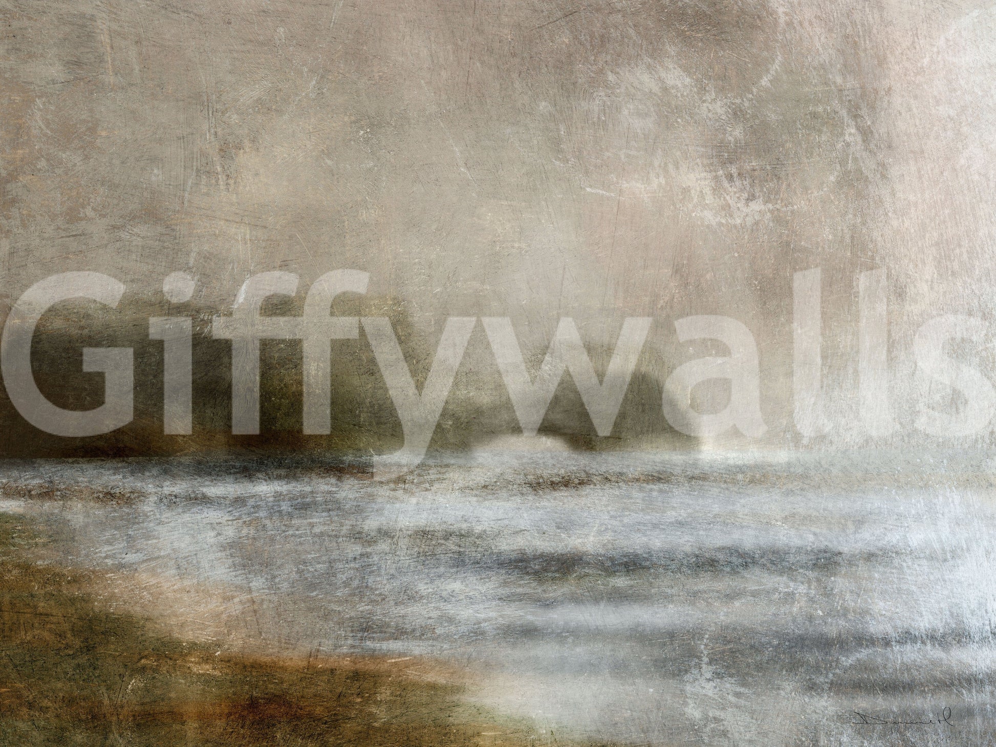 Ethereal Shoreline wallpaper mural close-up showing the misty taupe and grey-blue shoreline and water detail