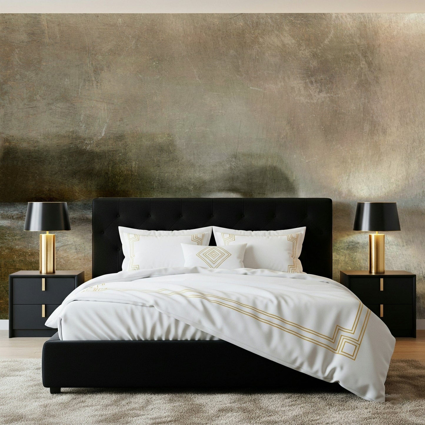 Ethereal Shoreline wallpaper mural above a black bed with gold lamps, warm taupe misty landscape on a bedroom wall