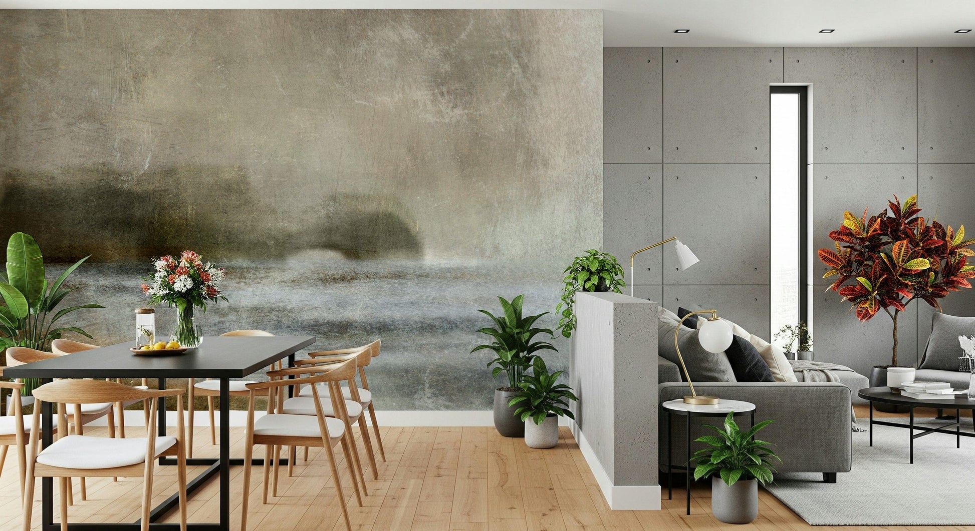Ethereal Shoreline wallpaper mural in a dining area, soft taupe seascape behind a black table and wood chairs