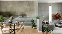 Ethereal Shoreline wallpaper mural in a dining area, soft taupe seascape behind a black table and wood chairs