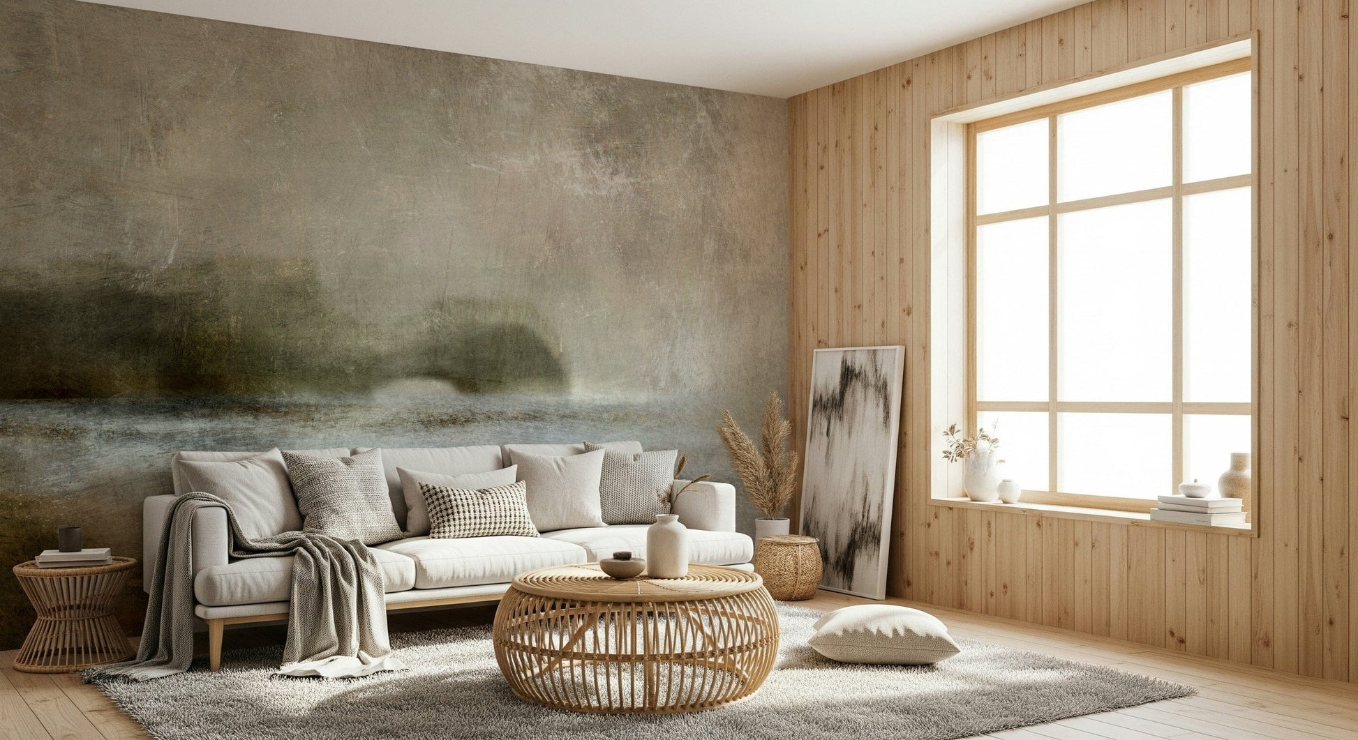 Ethereal Shoreline wallpaper mural behind a white sofa and rattan table by a wood-framed window in a living room