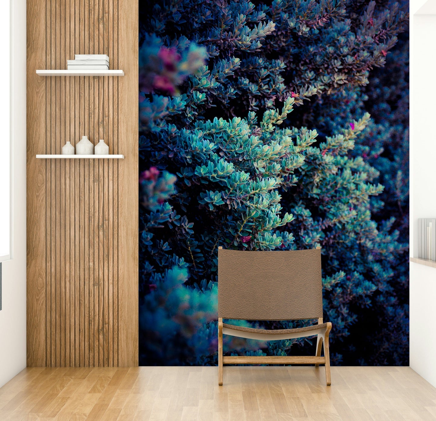 An artistic natural landscape mural on minimalist wallpaper.

