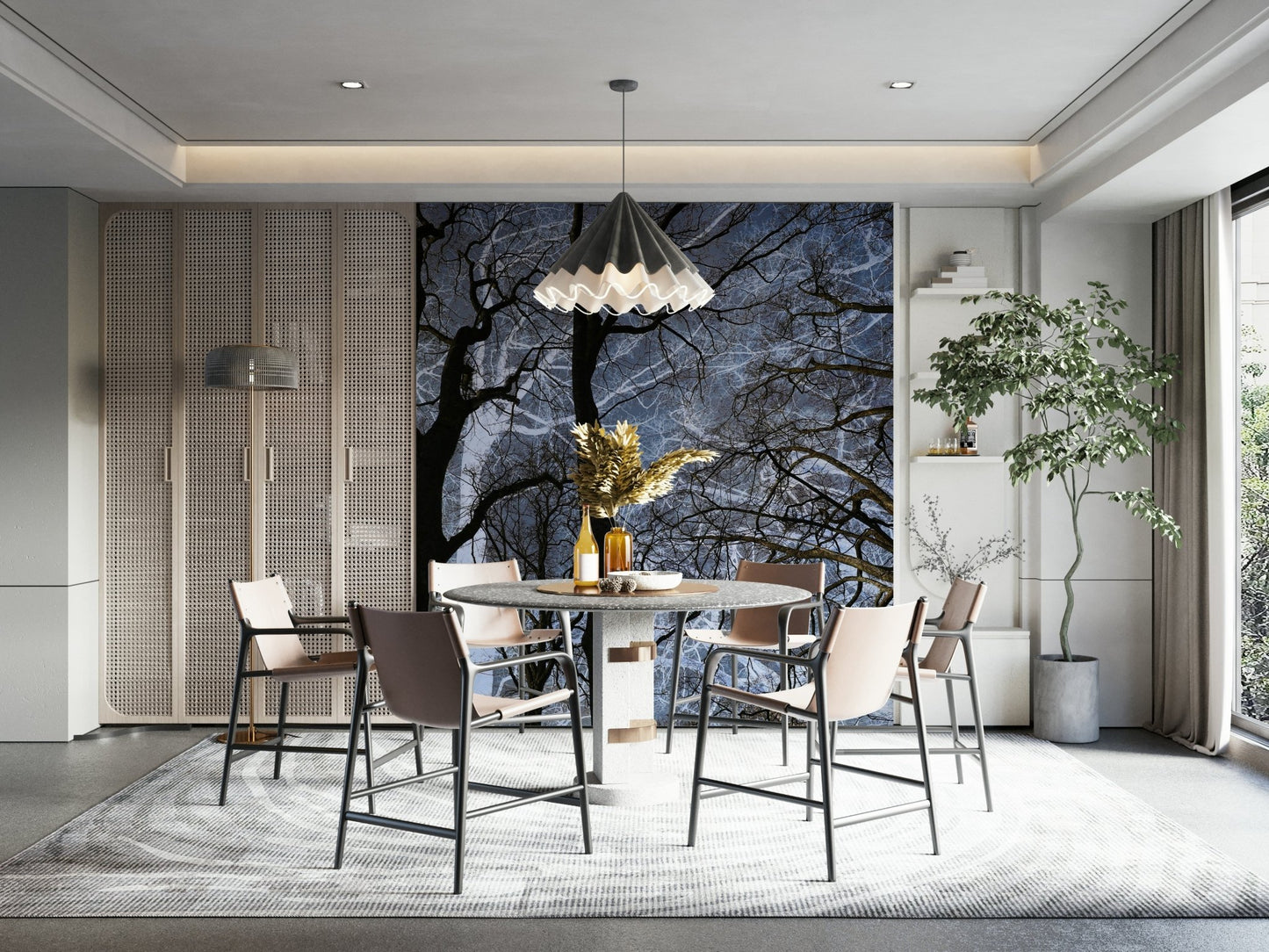 Ethereal Tree Silhouette wall mural of bare trees behind a round dining table with tan chairs and a pendant lamp