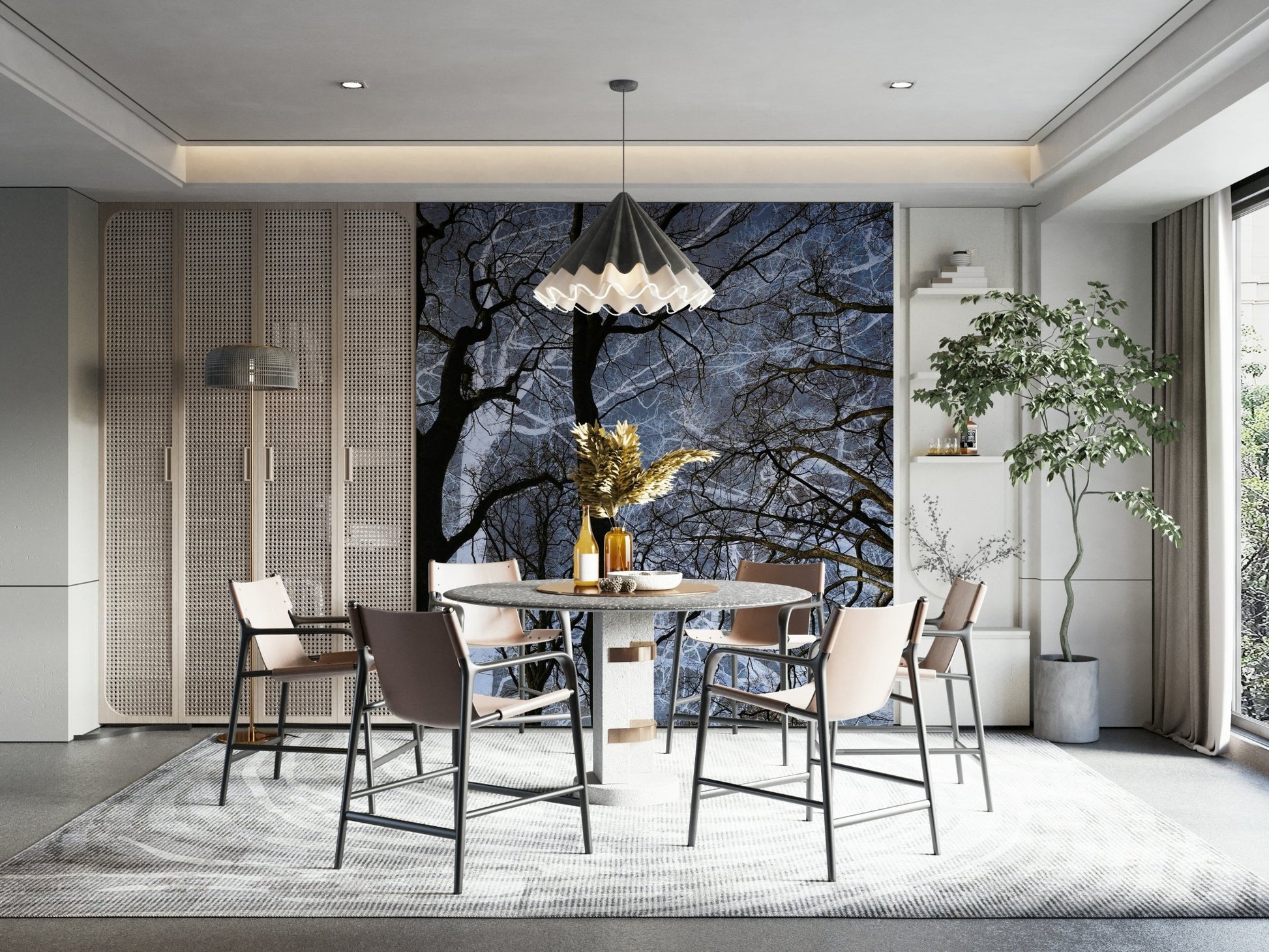Ethereal Tree Silhouette wall mural of bare trees behind a round dining table with tan chairs and a pendant lamp