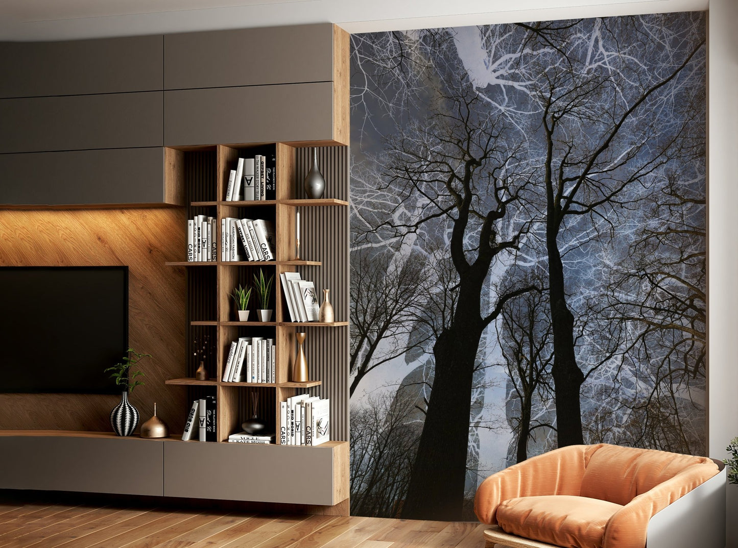 Ethereal Tree Silhouette wall mural of bare branches beside a wood and grey TV media wall with bookshelves