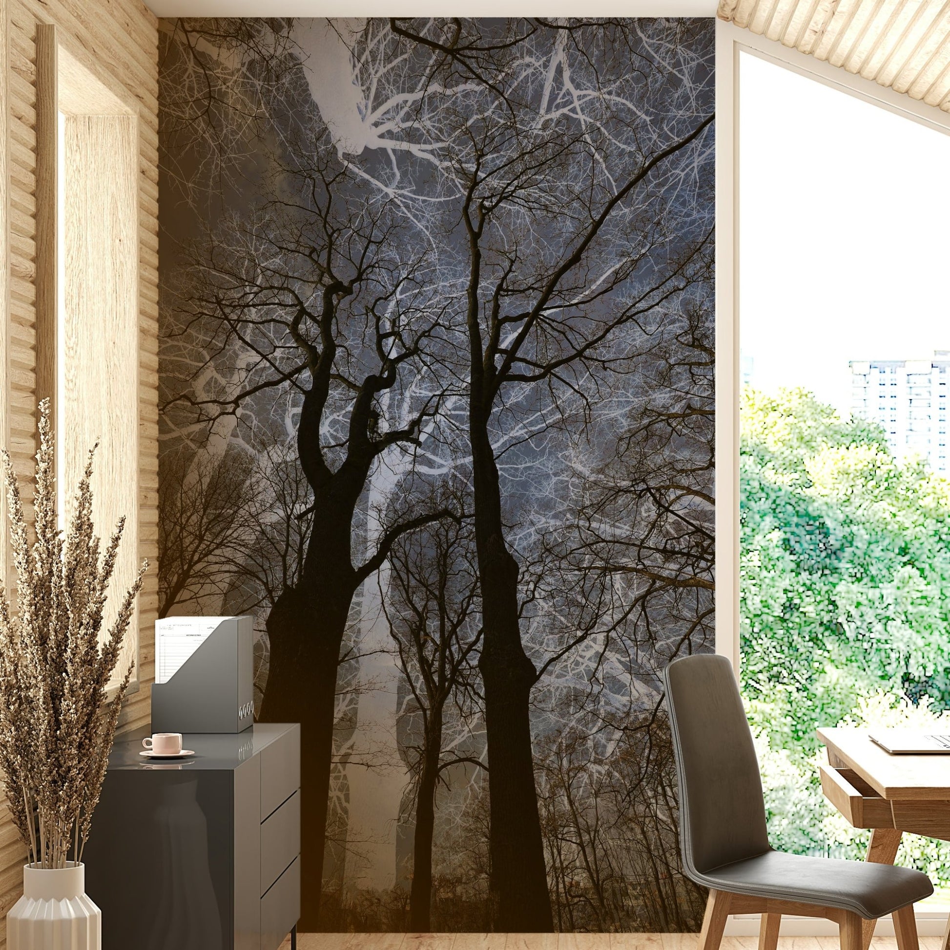 Ethereal Tree Silhouette wall mural of bare trees in an entryway with a grey console and dried lavender