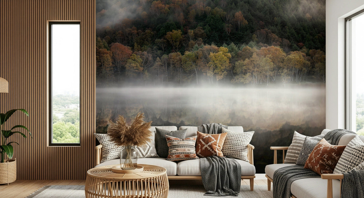 Ethereal Waters Edge Woodland wallpaper for walls: foggy morning, mirror image.