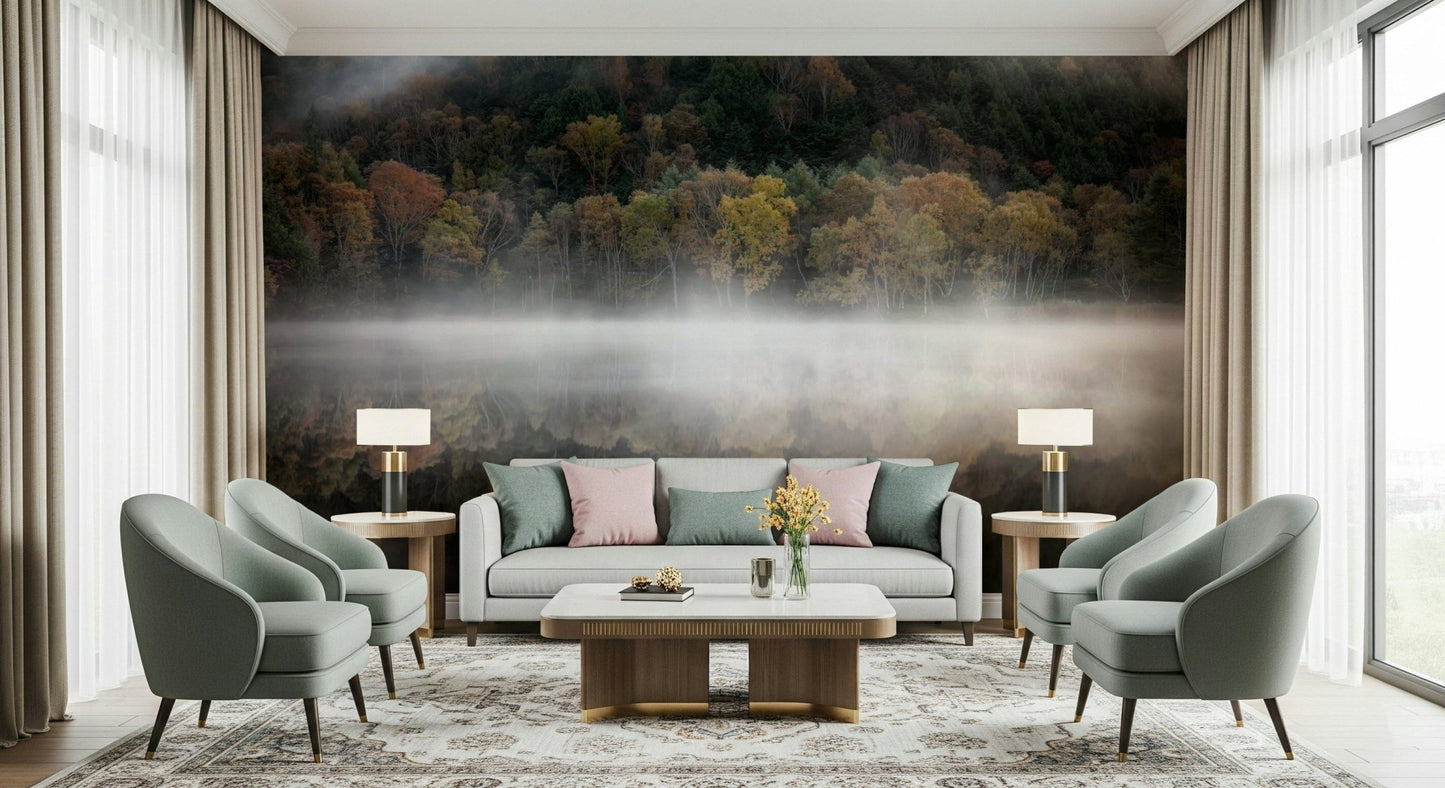 Autumnal forest reflection mural: peaceful setting, vivid color change.