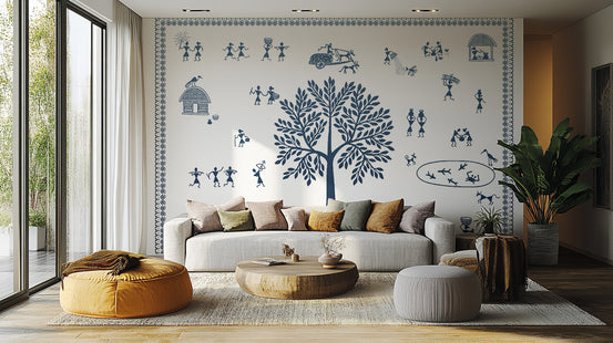 Ethnic Village wallpaper mural in blue Warli folk art with a tree of life and dancers above a gray sofa in a living room