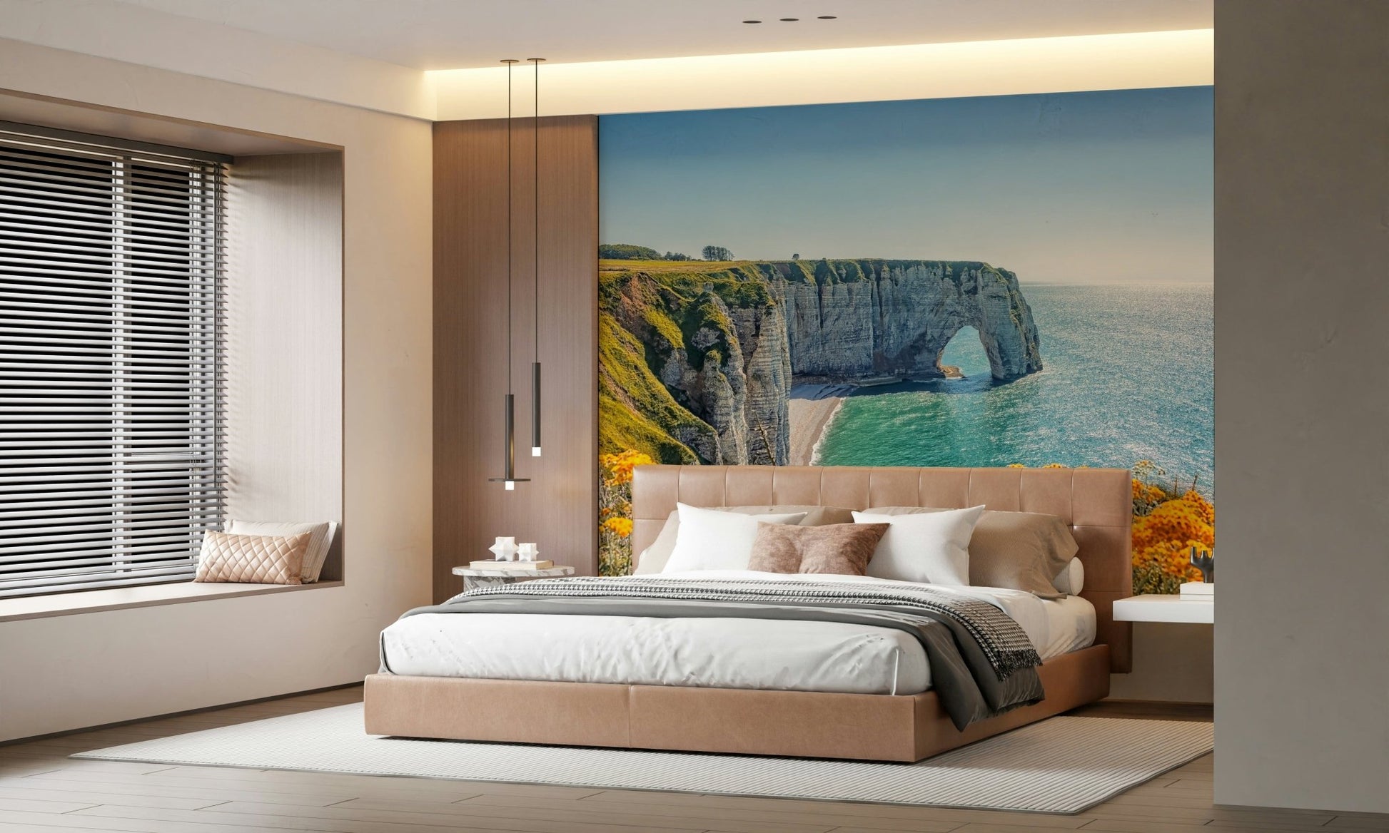 Etretat-inspired wall mural with yellow blossoms, green color foliage and calm sea wallpaper scene