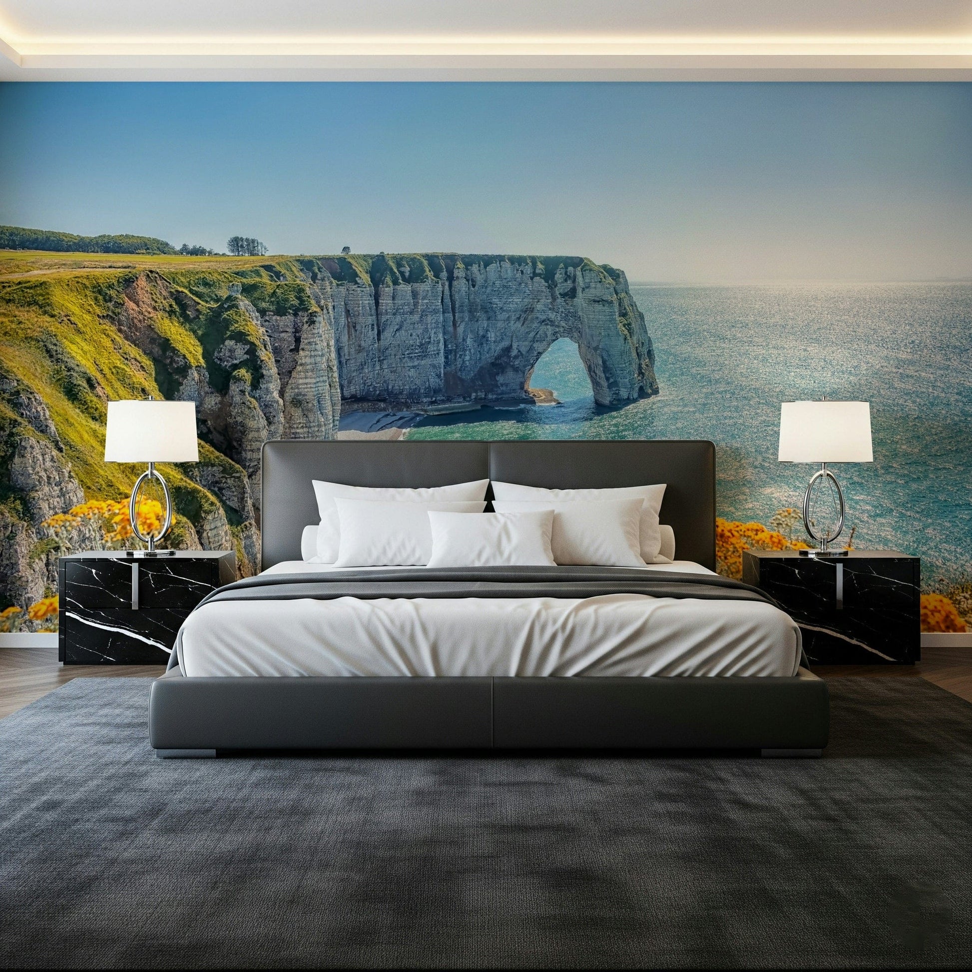 Scenic Etretat wall mural with yellow blooms and greenery, green color + ocean wallpaper coastal view