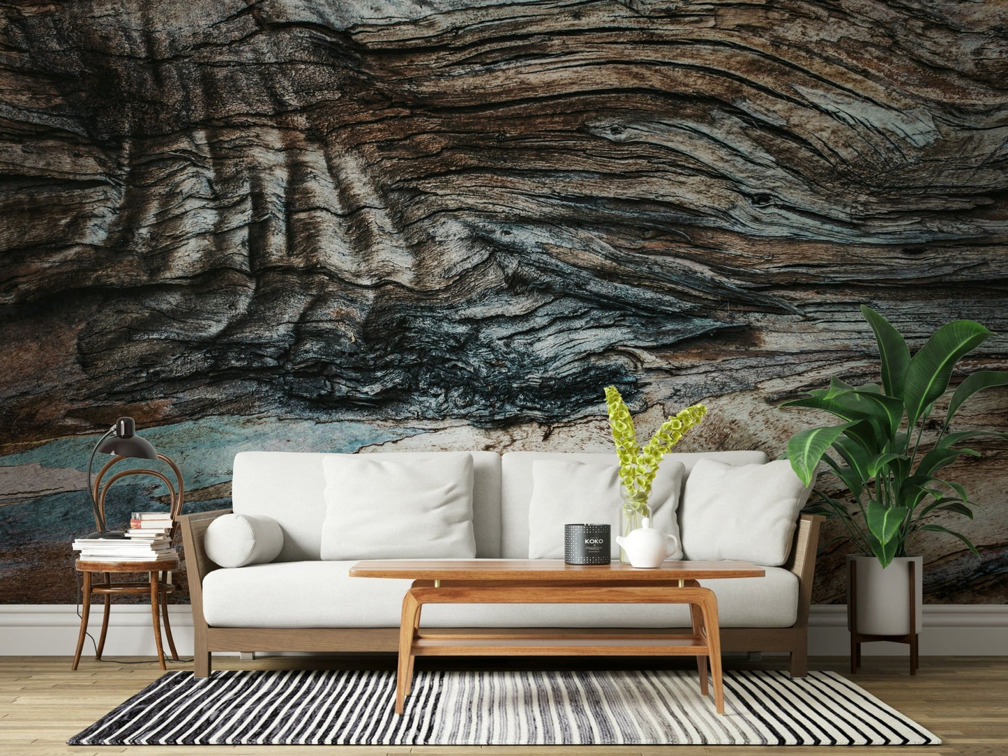 Decorative eucalyptus bark wallpaper mural bringing a serene, forest-inspired aesthetic indoors.