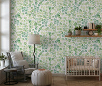 Eucalyptus Dream Garden Wallpaper in a bright living room with modern wood furniture.