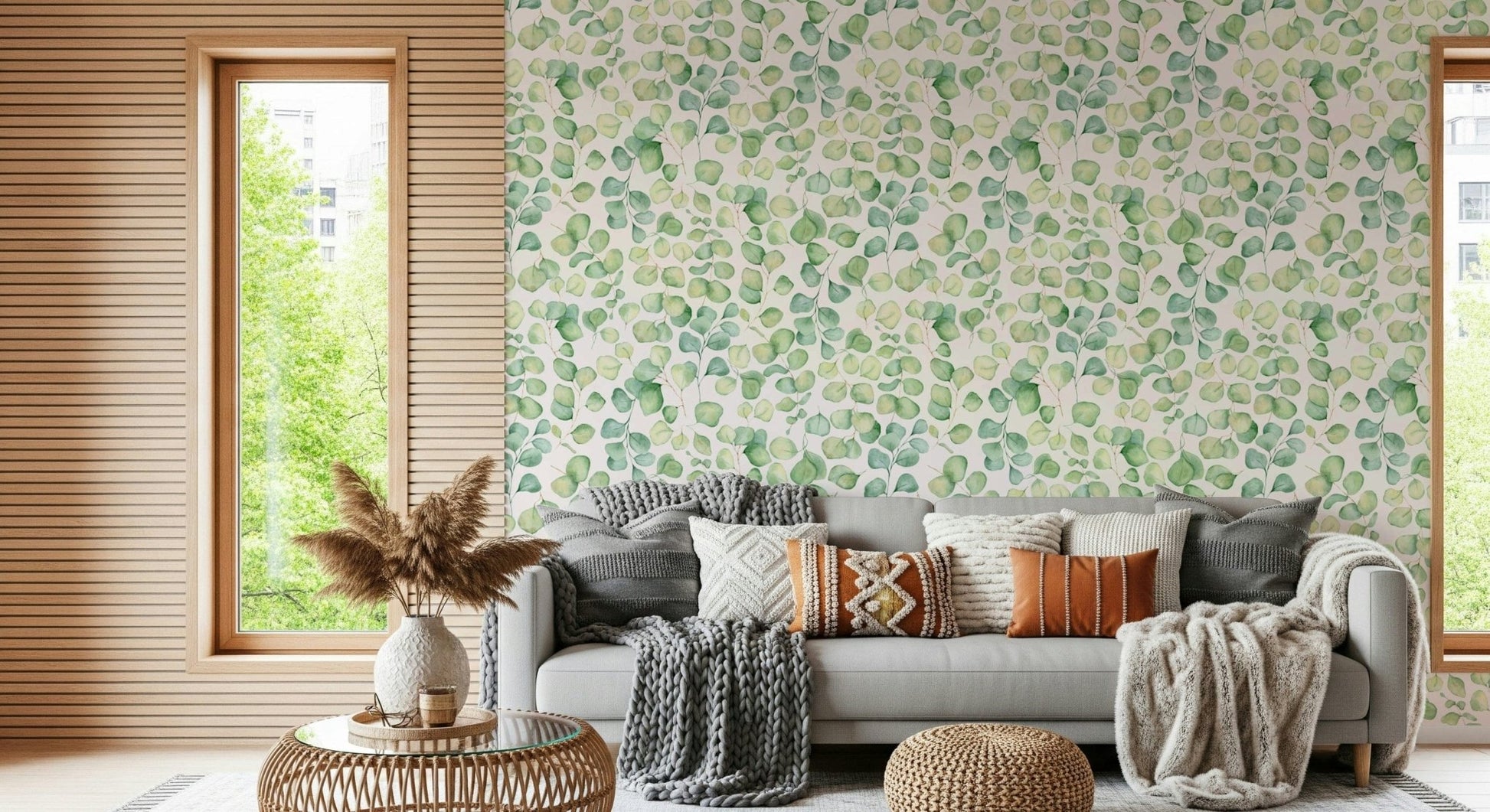 Minimalist office space featuring a green leaf wallpaper for a calm backdrop.