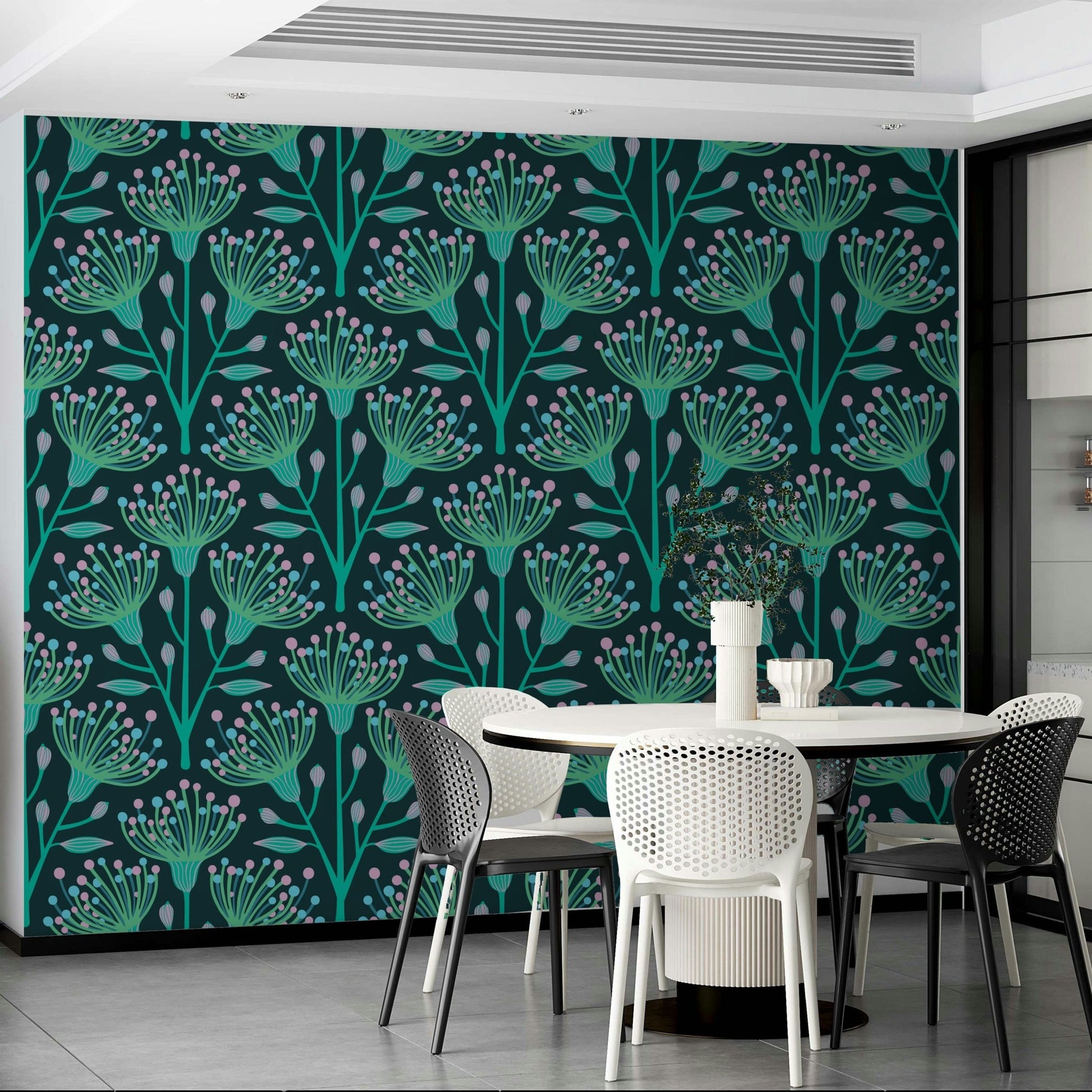 The colors are soft, muted tones of aqua, turquoise, and pink on a dark teal background.

