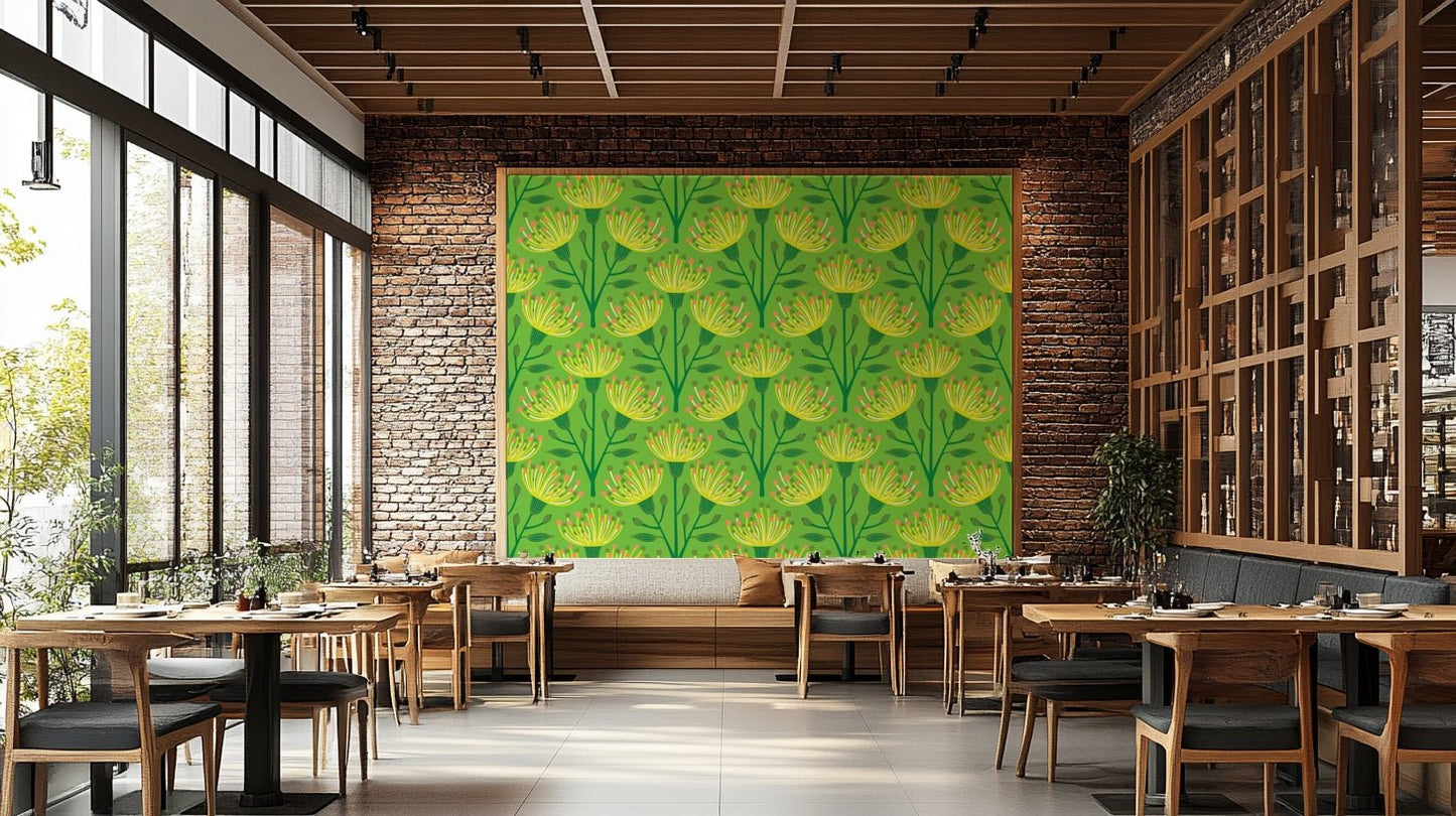 The eucalyptus and floral shapes are a central focus of the image.

