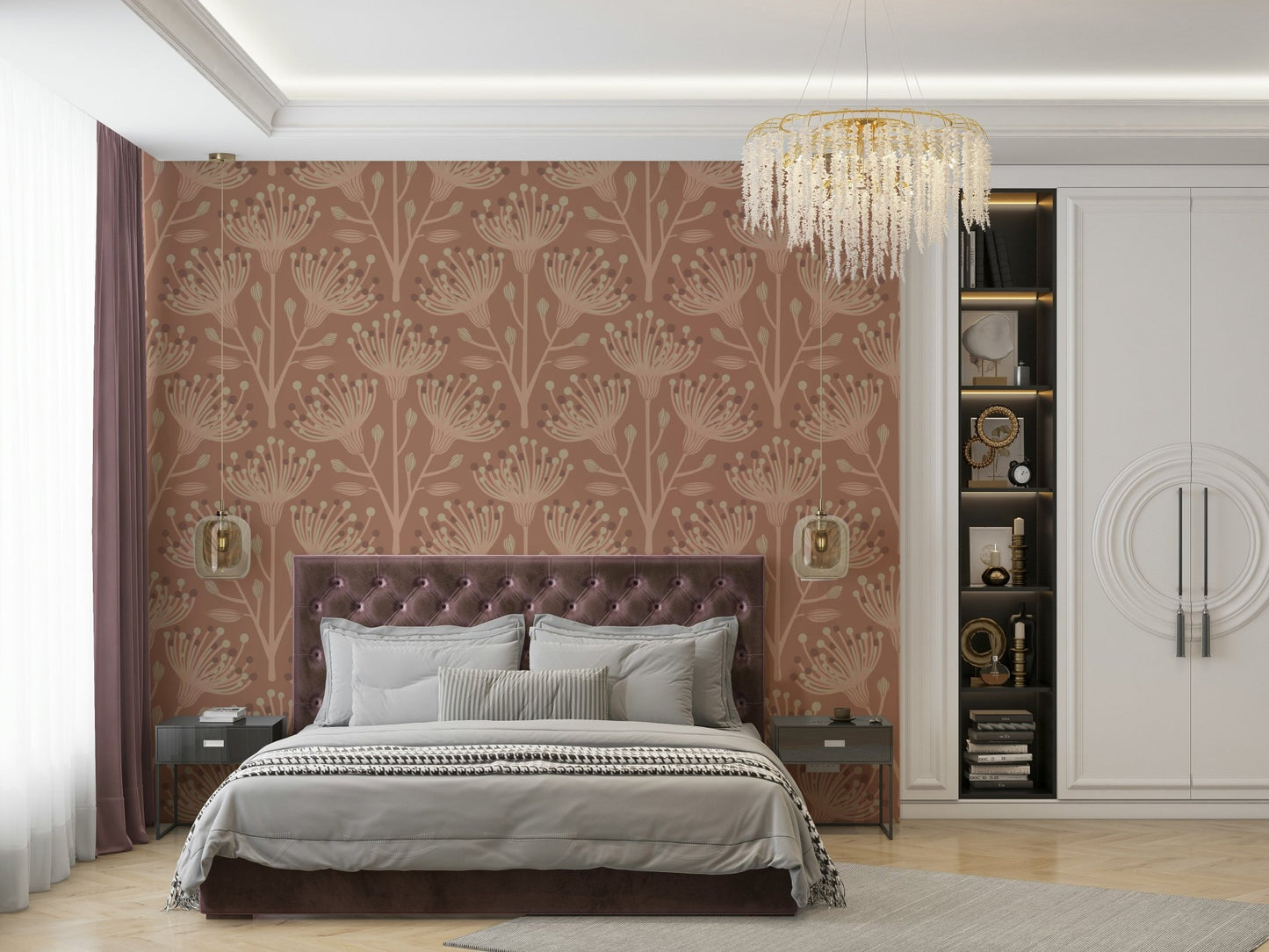The image shows a peaceful, natural scene with a eucalyptus and floral pattern.

