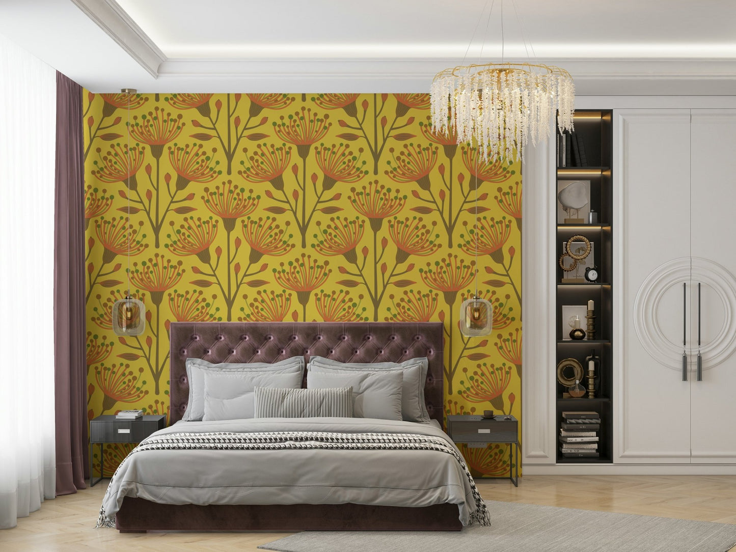 The colors are soft, muted tones of earthy brown and olive green on a mustard yellow background.

