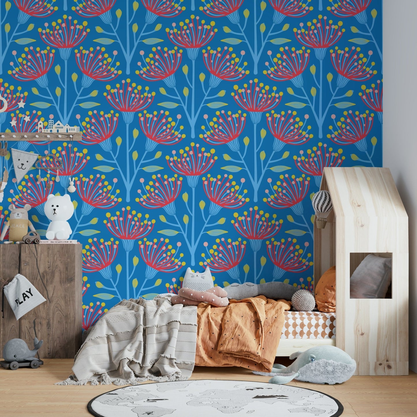 The image shows a peaceful, natural scene with a eucalyptus and floral pattern.

