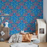 The image shows a peaceful, natural scene with a eucalyptus and floral pattern.

